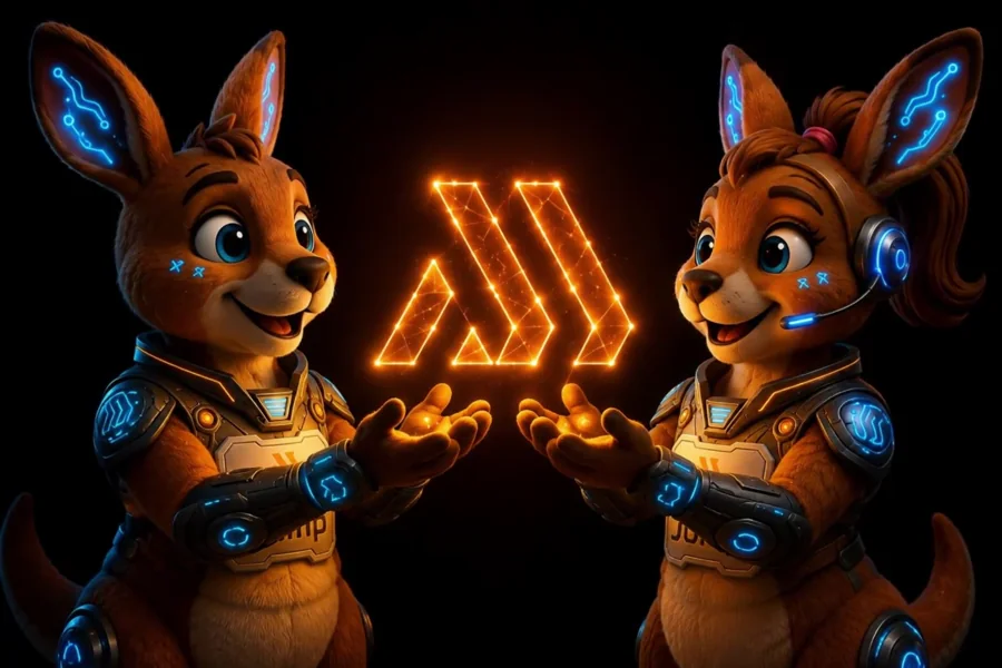 Jumpinho e Jumpinha diante do logo da Jump formado pelas estrelas